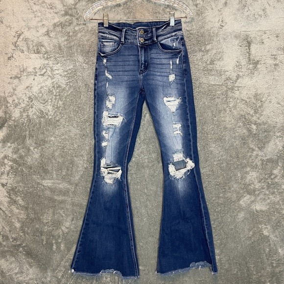 KanCan Denim - Kancan Women High Rise Super Flare Jean 26 Distressed Festival Cowgirl Glam